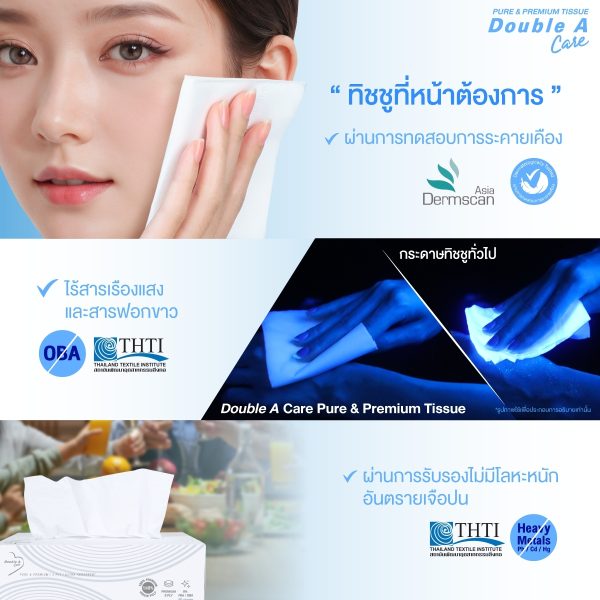 Double A Care เพียว & พรีเมียมทิชชู หนา 3 ชั้น แบบซอฟท์แพ็ก 130 แผ่น/ห่อ (แพ็ก 4 ห่อ) - Image 2